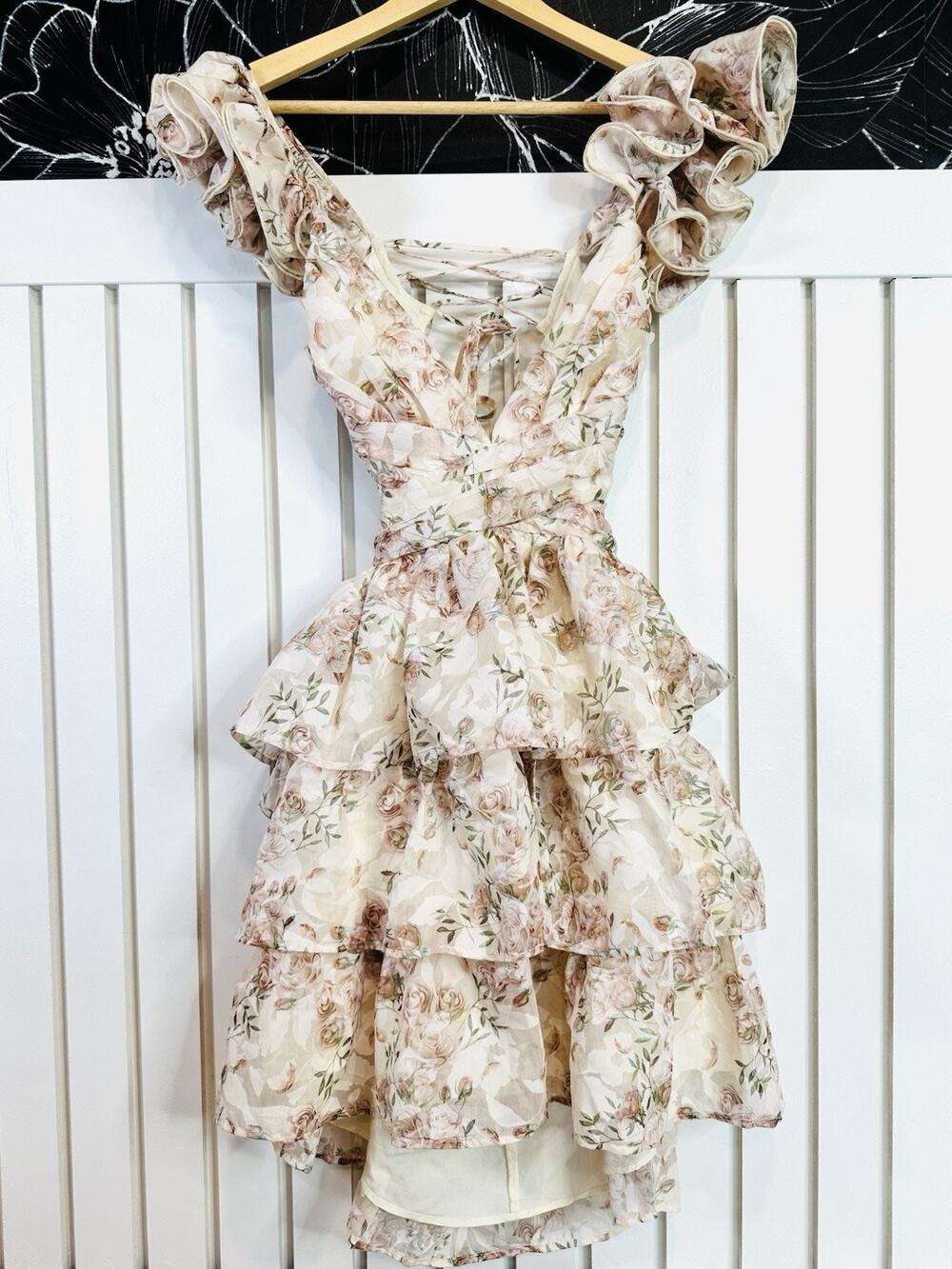 NWT Storia Floral Ruffle Dress S Corset Lace Up Tiered Coquette Cottagecore